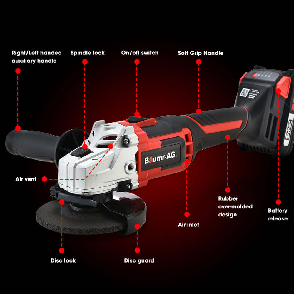 Baumr-AG 20V Cordless Angle Grinder features labeled: air vent, disc lock, soft grip handle, battery release, and more.