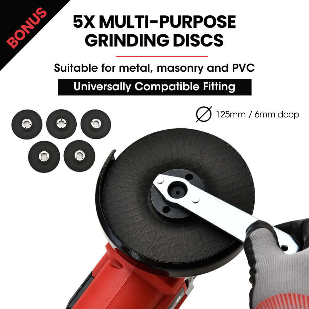 5 multi-purpose grinding discs for metal, masonry, PVC; universal fitting, 125mm diameter, 6mm depth, bonus item included.