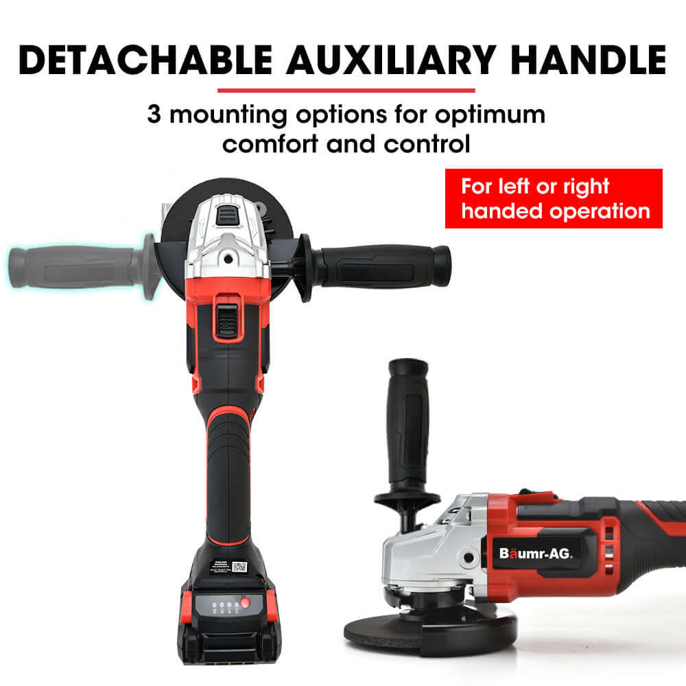 Baumr-AG cordless angle grinder with detachable auxiliary handle for left or right handed use, ideal for DIY enthusiasts.