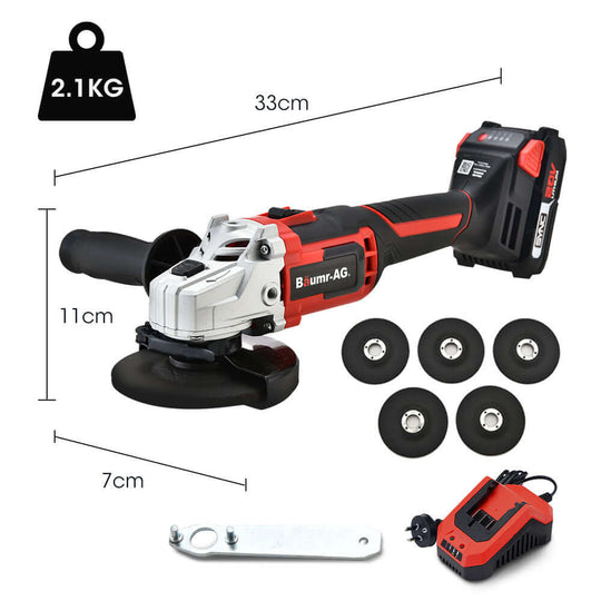 Baumr-AG 20V cordless angle grinder kit, lightweight 2.1kg, features 5 grinding discs and charger, ideal for affordable quality DIY tasks.