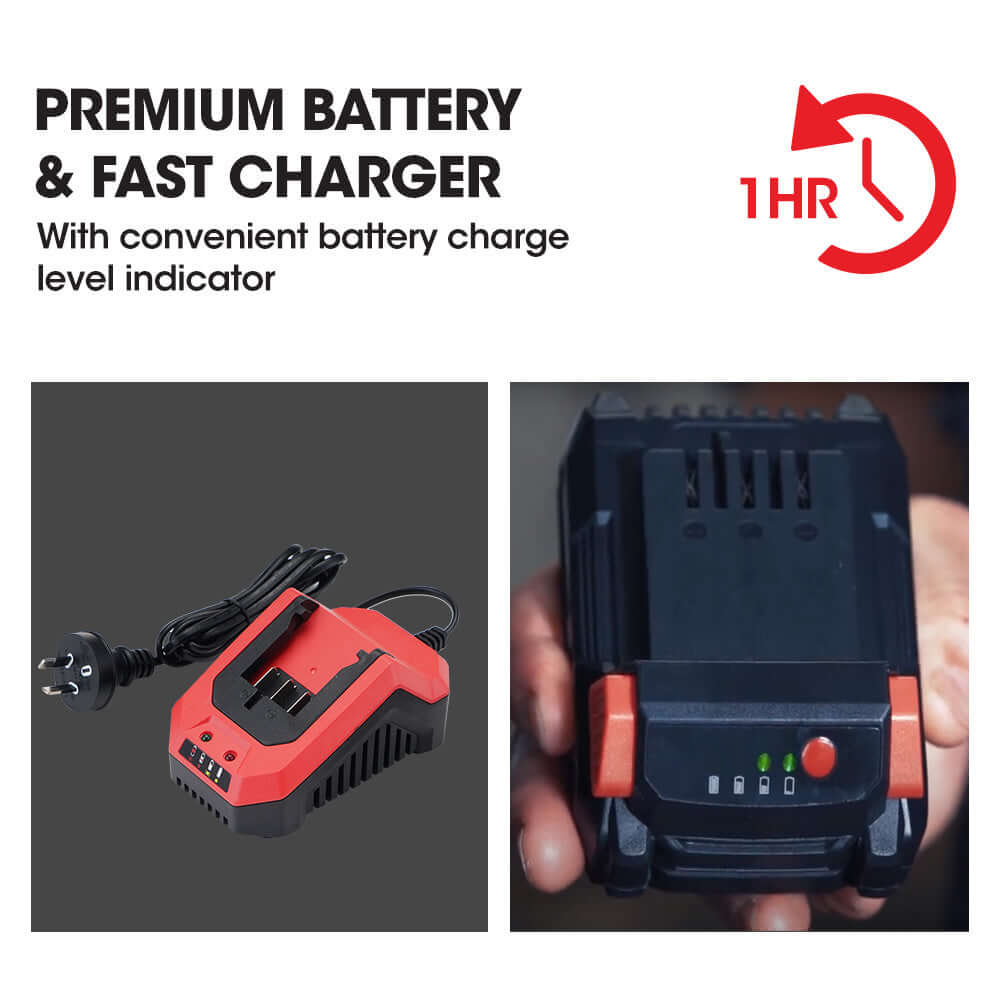 Baumr-AG premium battery and fast charger with charge level indicator for efficient DIY use.