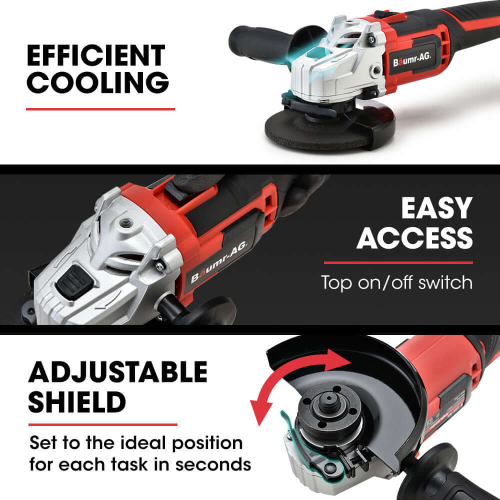 Baumr-AG cordless angle grinder features efficient cooling, easy access switch, and adjustable shield for DIY tasks.