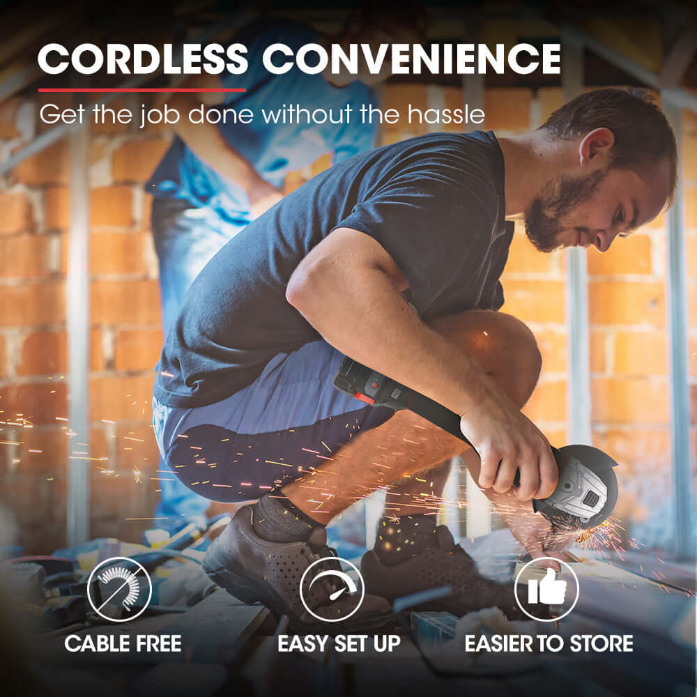 Man using a cordless angle grinder for easy, hassle-free DIY tasks in a construction setting.