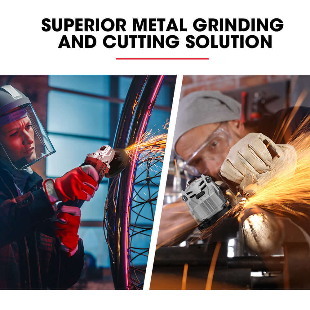 Two workers using a cordless angle grinder for metal grinding and cutting, showcasing superior performance and precision.