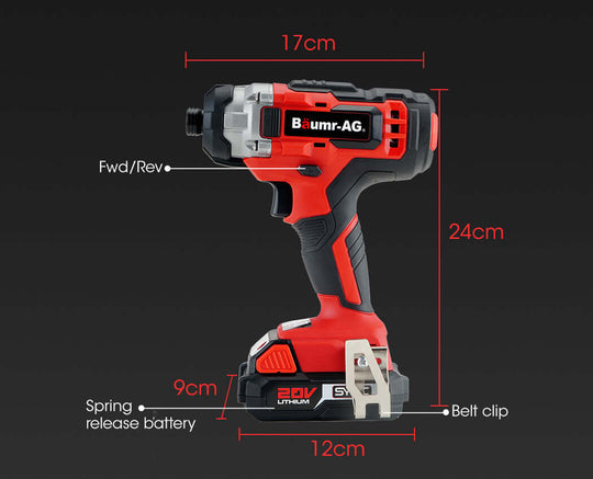 BAUMR-AG 20V Cordless Impact Driver dimensions, affordable quality tool for DIY projects with belt clip and lithium battery.