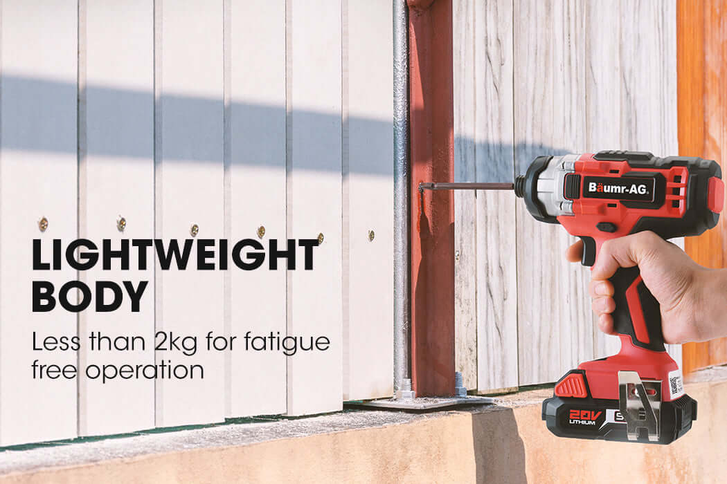 Baumr-AG 20V impact driver with lightweight body, offering fatigue-free operation for DIY and quality projects.