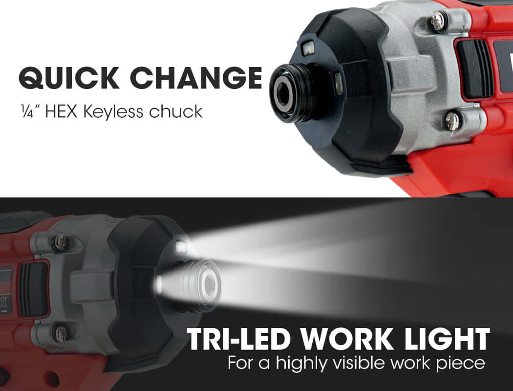 BAUMR-AG impact driver showing quick change ¼" hex chuck and tri-LED work light for DIY enthusiasts.