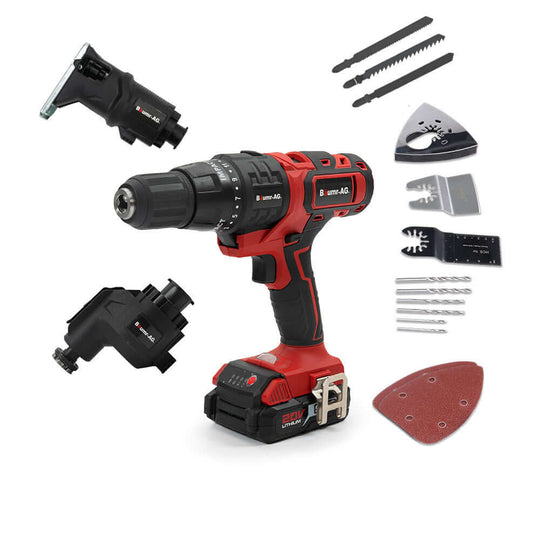 BAUMR-AG Cordless MT3 Optimus combi-tool kit with various attachments, ideal for DIY projects and affordable quality.