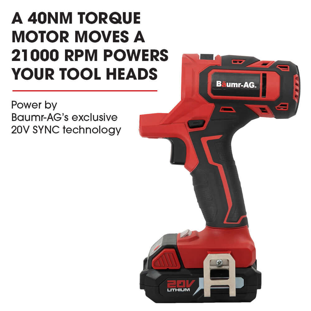 BAUMR-AG Cordless tool with 40Nm torque and 21000 RPM for efficient DIY projects, powered by 20V SYNC technology.