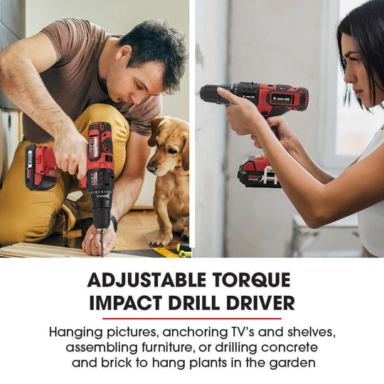 Two individuals using a cordless adjustable torque impact drill driver for DIY projects and home improvement.