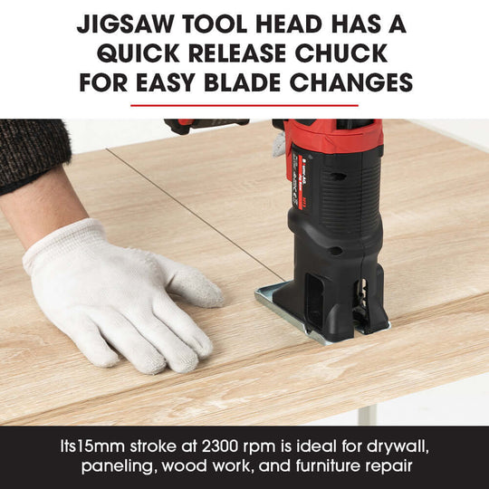 Close-up of jigsaw tool showing quick release chuck for easy blade changes, ideal for woodwork and DIY projects.