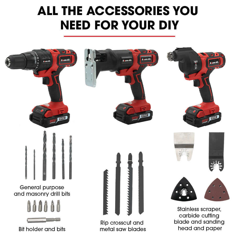 BAUMR-AG Cordless MT3 Combi-Tool Kit with accessories for DIY, including drill, saw blades, and bits.