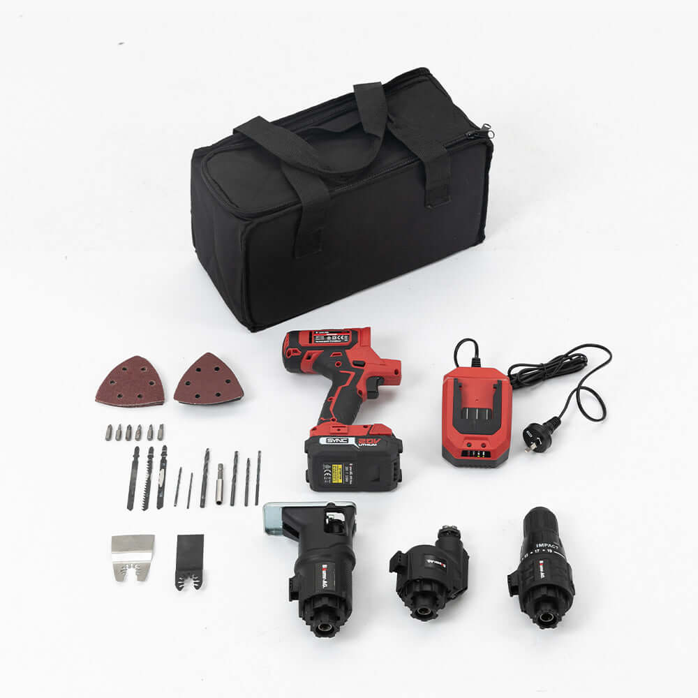 Baumr-AG Cordless MT3 20V SYNC Combi-Tool Kit with battery, charger, and various attachments for DIY projects.