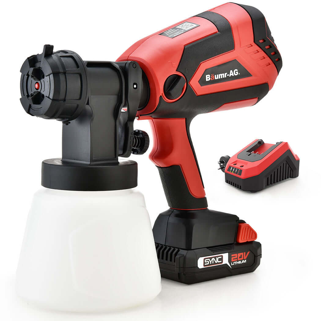 BAUMR-AG 20V cordless paint sprayer kit with battery, ideal for DIY projects and medium paint jobs.