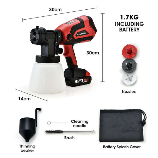 Baumr-AG 20V cordless paint sprayer kit with nozzle pack, brush, and cleaning tools for DIY projects.