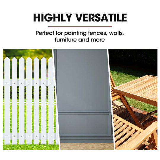 Versatile image showcasing a white fence, painted wall, and wooden furniture, ideal for various DIY painting projects.