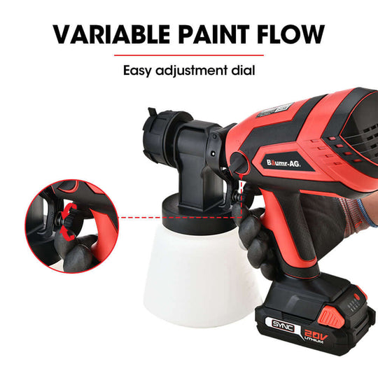 BAUMR-AG 20V Electric Paint Sprayer showing variable paint flow adjustment dial for DIY projects.