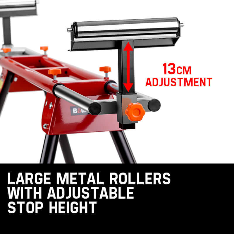 Large metal rollers with adjustable stop height on Baumr-AG Mitre Saw Stand for quality DIY projects.