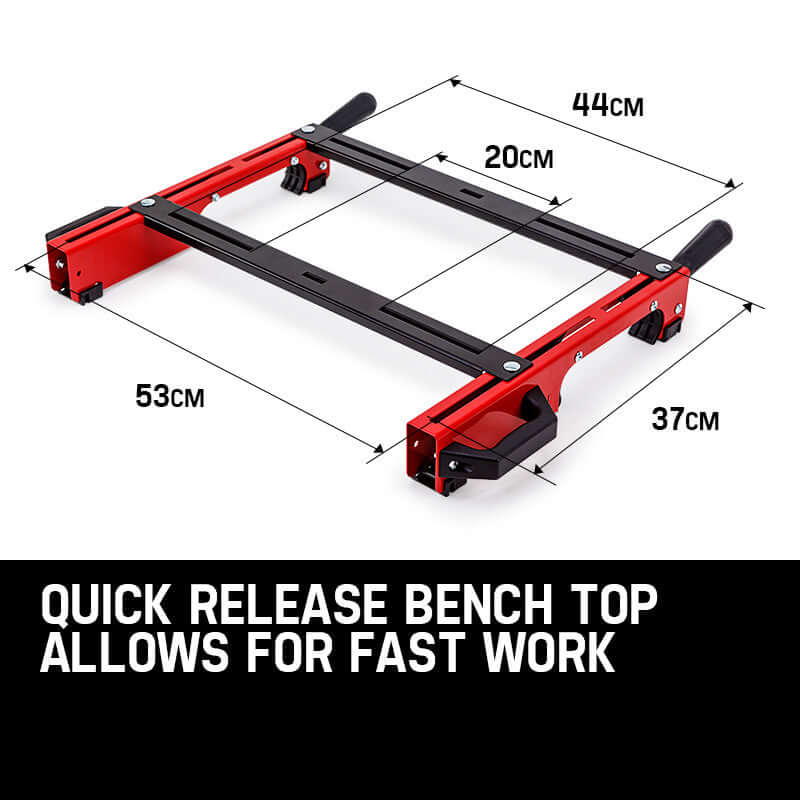 Quick release bench top for efficient woodworking with adjustable dimensions in cm.