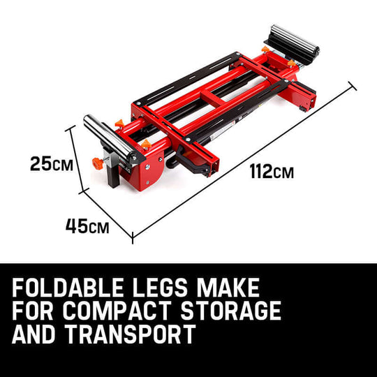 Baumr-AG mitre saw stand with foldable legs for easy storage and transport, dimensions 25cm x 45cm x 112cm.