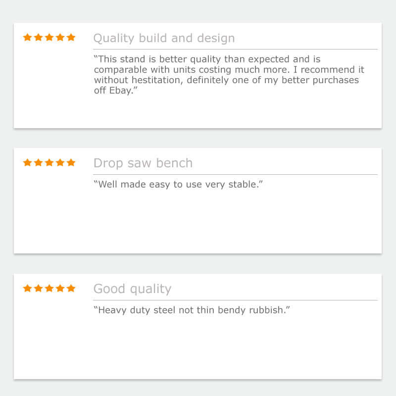 Customer reviews highlighting quality, stability, and design of the Baumr-AG mitre saw stand.