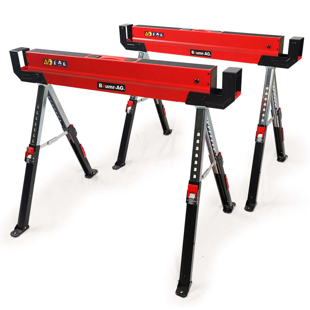 BAUMR-AG steel sawhorses, adjustable height, 1180kg capacity, durable for DIY projects, affordable quality tools.