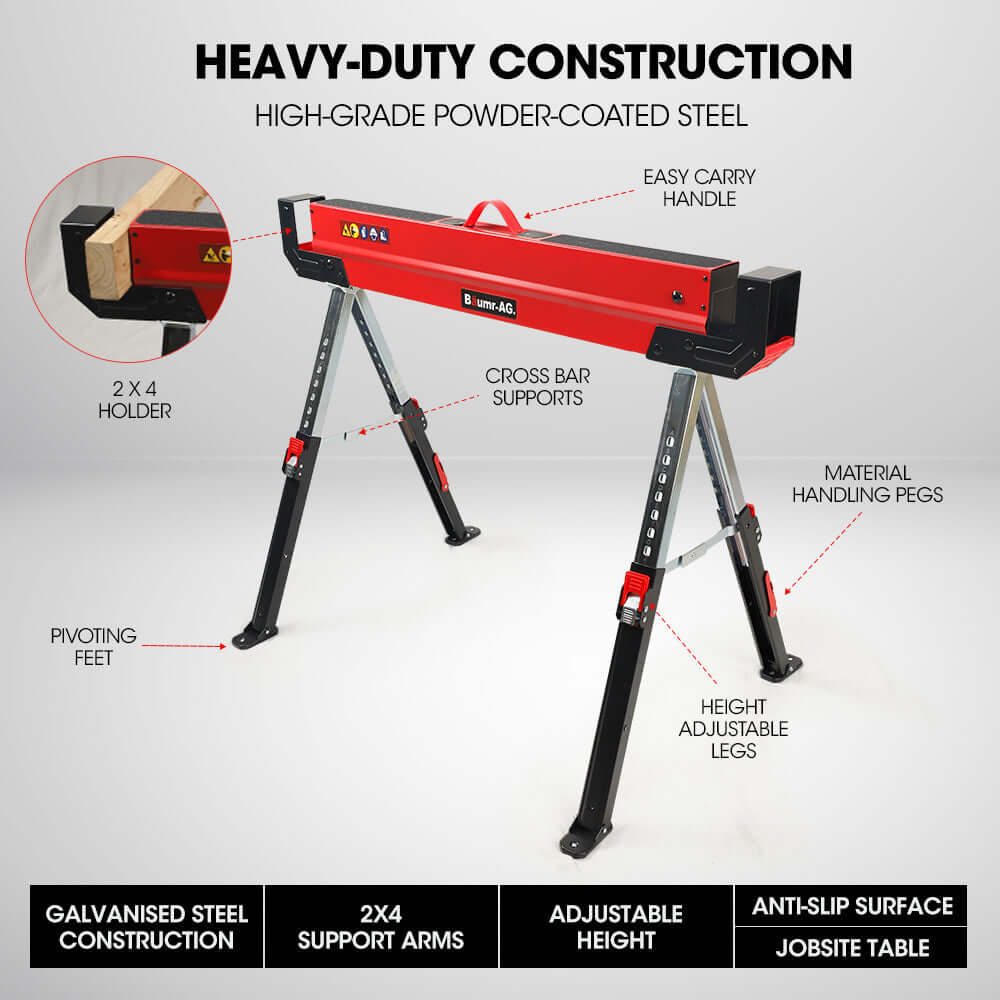 BAUMR-AG heavy-duty steel sawhorse with adjustable height, cross bar supports, and non-slip surface for DIY projects.