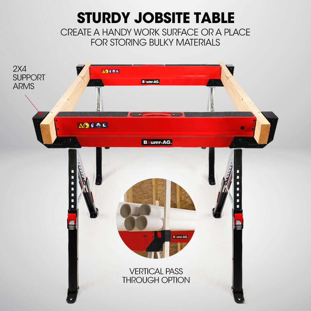 BAUMR-AG sturdy jobsite table with 2x4 support arms, adjustable for DIY projects and material storage, affordable quality.