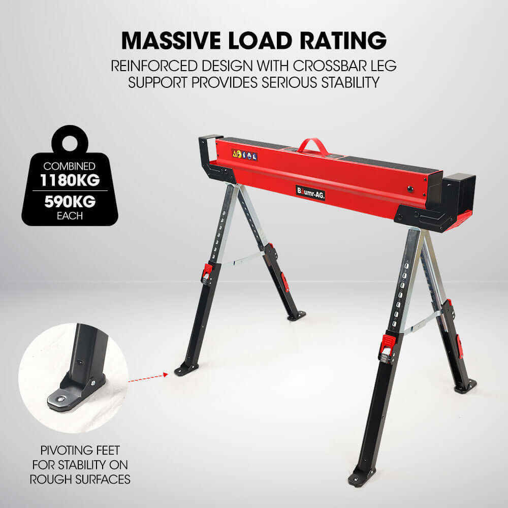 BAUMR-AG heavy-duty saw horse with massive 1180kg load capacity, adjustable height, and crossbar support for stability.