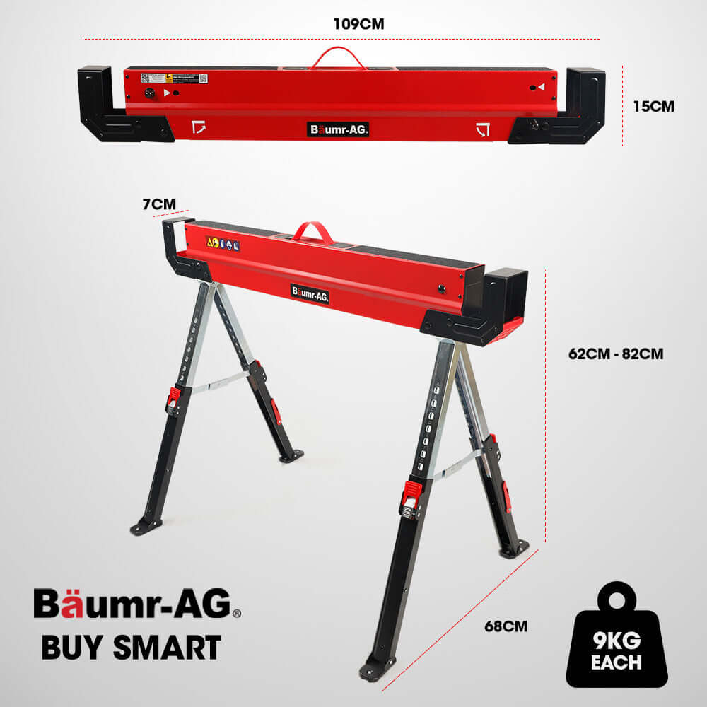 BAUMR-AG Folding Saw Horse, height adjustable, 1180kg capacity, durable steel, perfect for DIY projects.