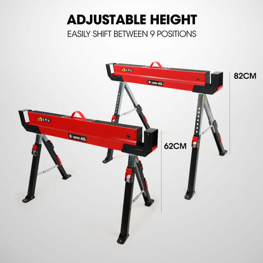 BAUMR-AG adjustable height steel sawhorse, easily shifts between 9 positions, durable and stable for DIY projects.