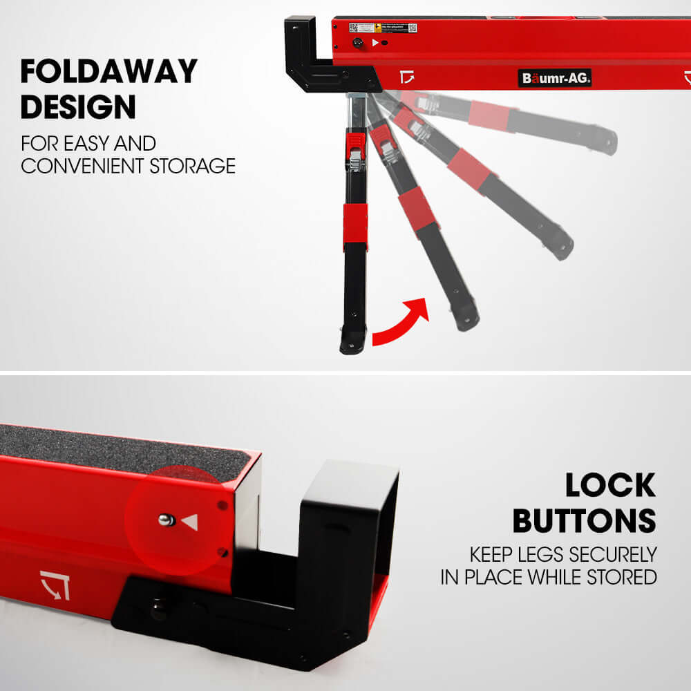 Image of BAUMR-AG foldaway saw horse showcasing its design for easy storage and lock buttons for secure placement.