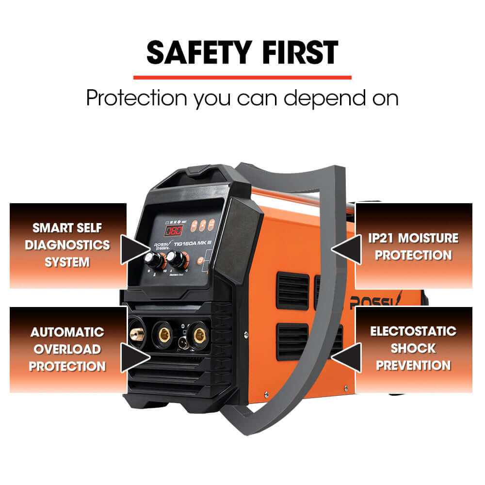 Rossi TIG-160A welder safety features including moisture protection, shock prevention, and diagnostics system.