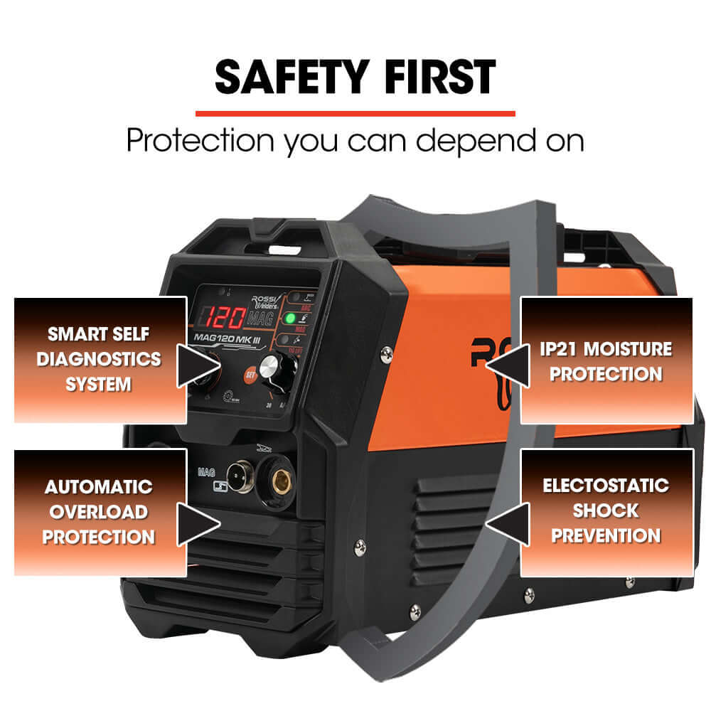 Rossi MAG-120 MKIII welder with safety features including overload protection and moisture resistance.