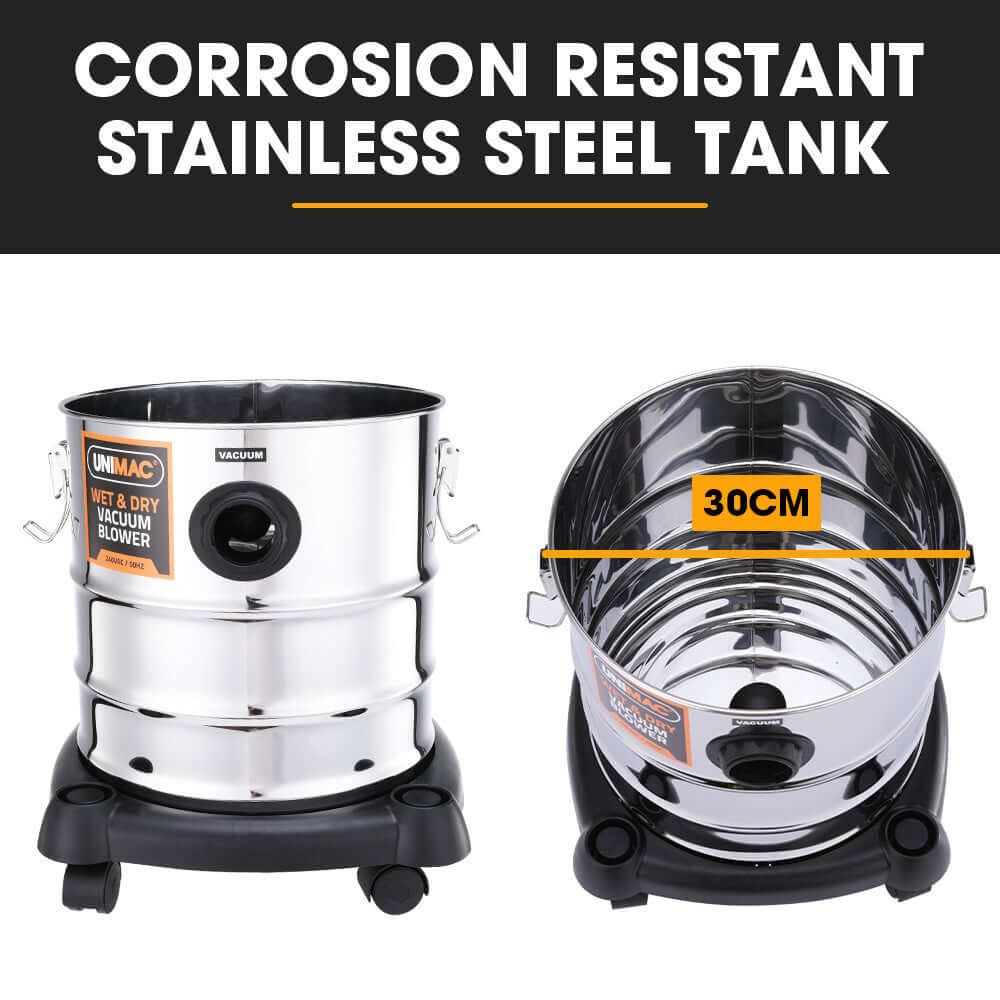 Unimac corrosion resistant stainless steel tank for wet and dry vacuum cleaner, features 30cm diameter for effective cleaning.