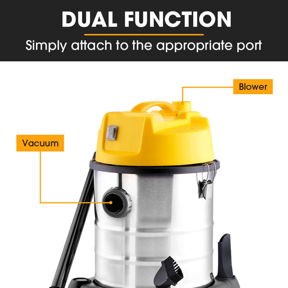 Unimac dual function wet and dry vacuum cleaner with blower port and tank for versatile cleaning.