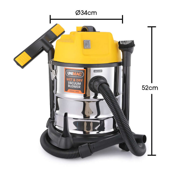 Unimac 20L wet and dry vacuum cleaner and blower with a stainless steel tank, perfect for DIY and heavy-duty cleaning.