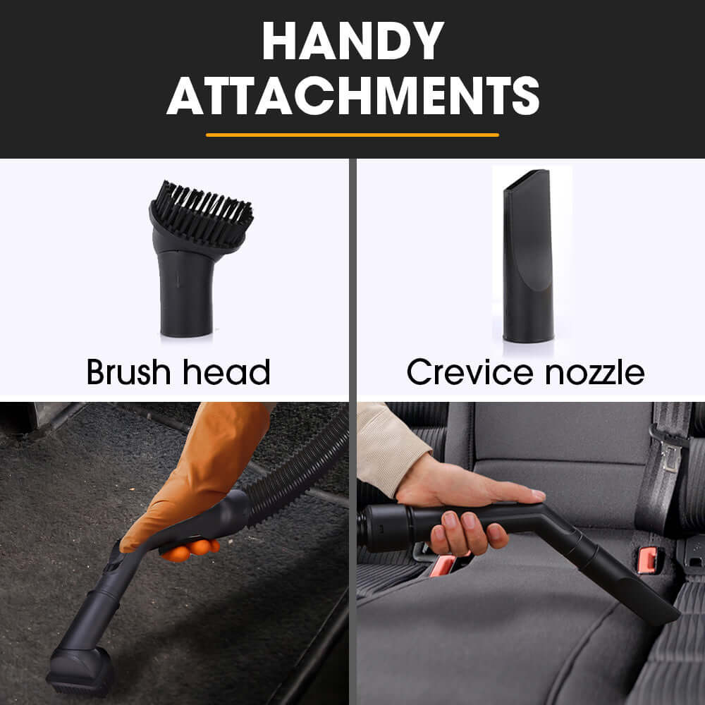 Handy attachments for Unimac 20L vacuum: brush head and crevice nozzle for effective DIY cleaning.