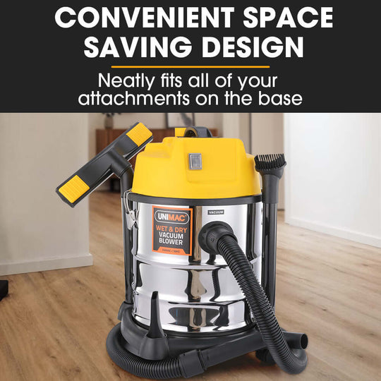 Unimac 20L wet and dry vacuum cleaner with yellow top, showcasing space-saving design and neatly organized attachments.