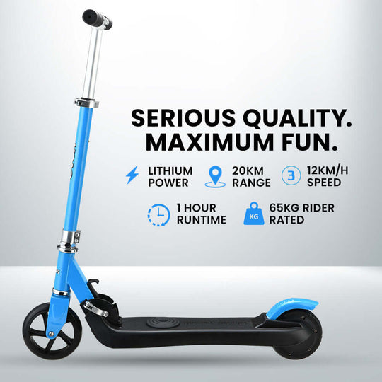 ROVO KIDS electric scooter showcasing lithium power, 20km range, 12km/h speed, 1 hour runtime, rider rated at 65kg.