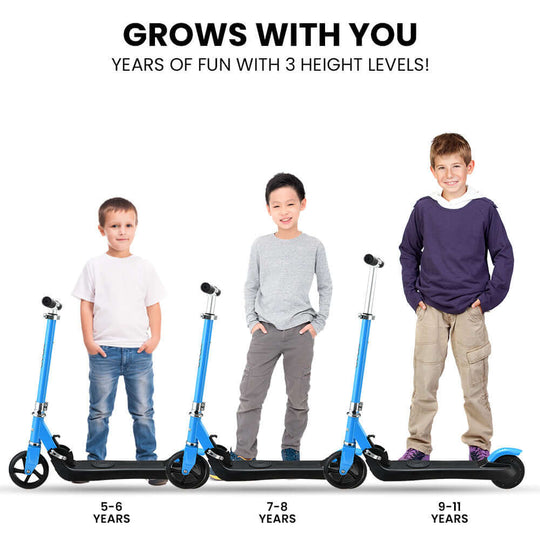 Rovo Kids electric scooter shown in three height levels for ages 5-11, highlighting adjustable features for lasting fun.