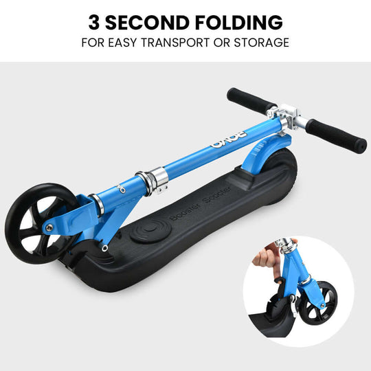 ROVO KIDS electric scooter features easy 3-second folding for convenient transport and storage, sleek blue design and quality build.