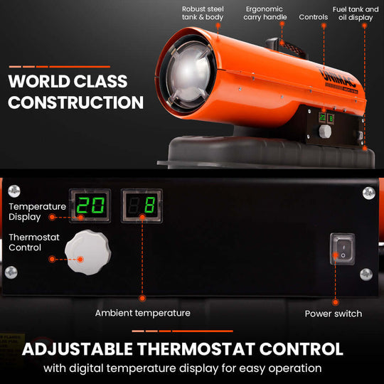 20KW Unimac diesel heater with adjustable thermostat, LED display, ergonomic design for quality heating solutions.