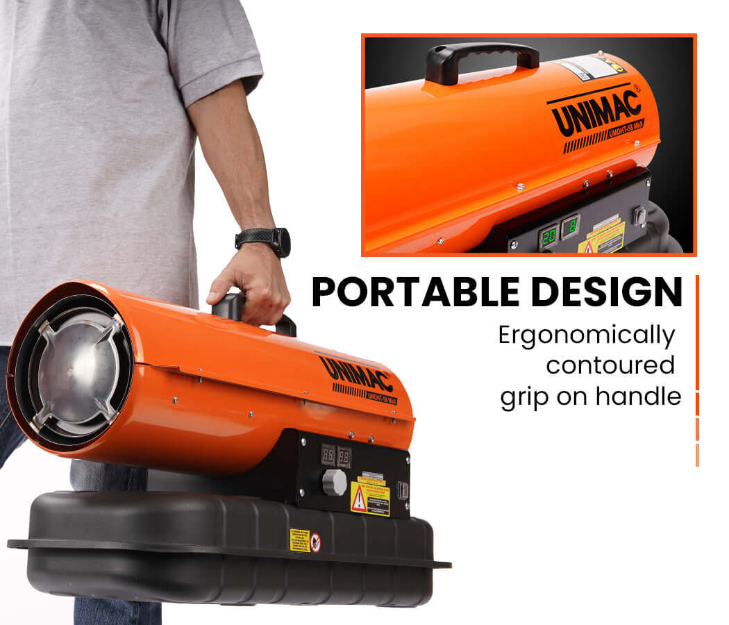 UNIMAC 20KW portable industrial diesel space heater with ergonomic grip for easy handling, ideal for DIY and commercial use.