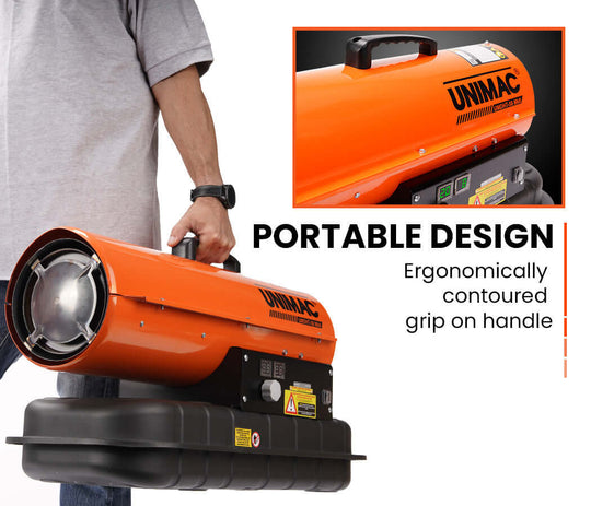 UNIMAC 20KW portable industrial diesel space heater with ergonomic grip for easy handling, ideal for DIY and commercial use.