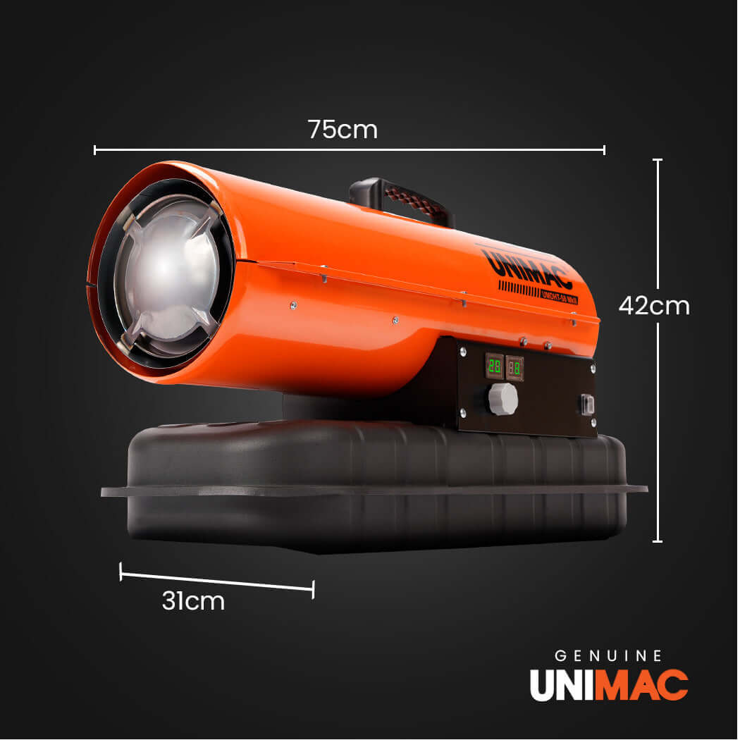 UNIMAC 20KW portable industrial diesel space heater dimensions and design for DIY and commercial use.