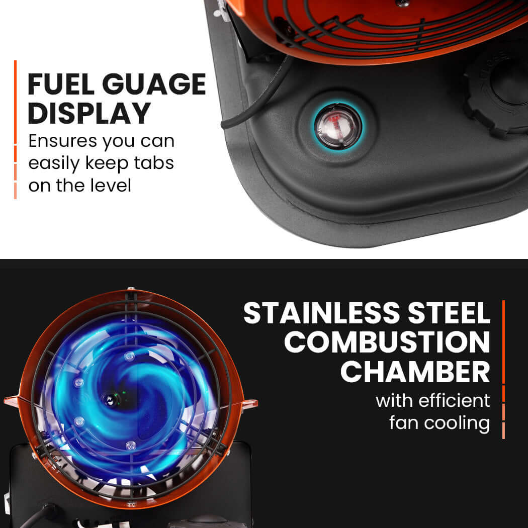 Fuel gauge display and stainless steel combustion chamber of the UNIMAC 20KW portable diesel heater.