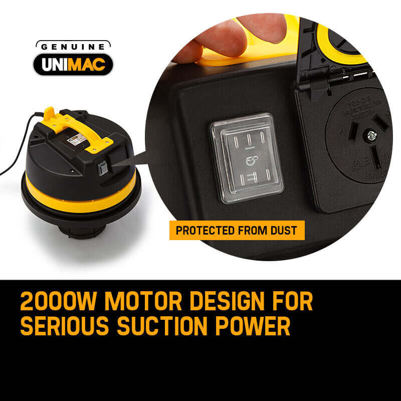 Unimac 2000W motor design for powerful suction in a bagless wet and dry vacuum cleaner, ideal for DIY and commercial use.