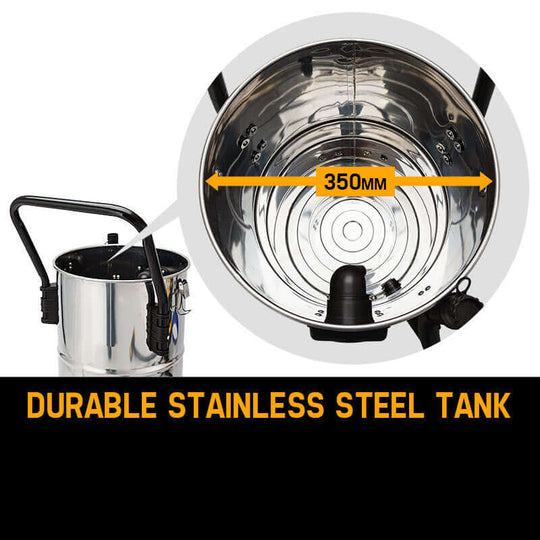 Close-up of Unimac 60L vacuum's durable stainless steel tank with a 350mm diameter for rugged use.