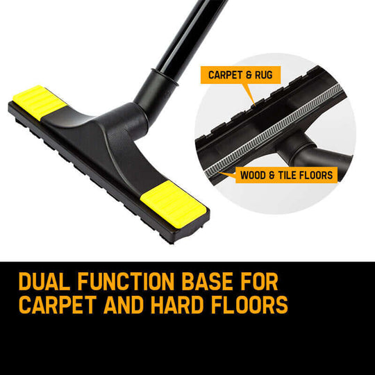 Dual function vacuum cleaner base suitable for carpet, rugs, wood, and tile floors, designed for versatile cleaning.